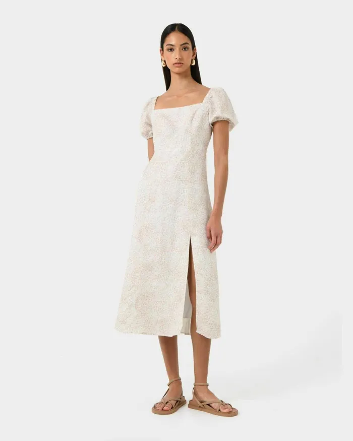 Forcast Hazy Linen Puff Sleeve Dress Summer Beige Women Midi Dresses