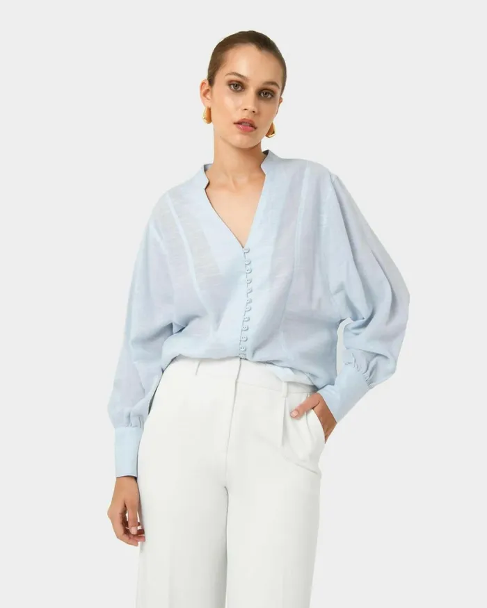 Forcast Helena Draped Sleeve Blouse Pastel Blue Women Long Sleeve Tops