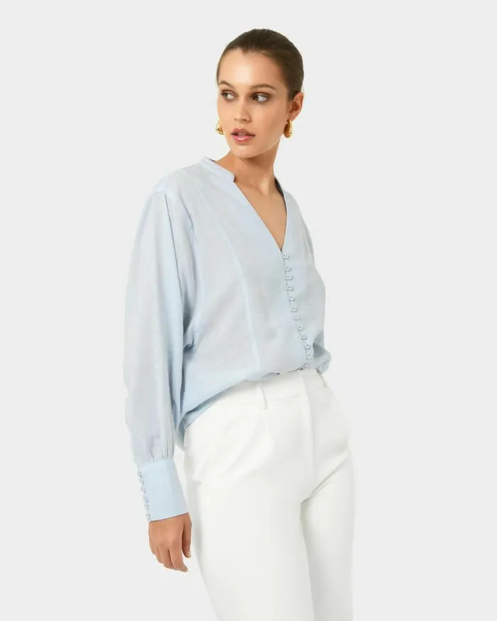Forcast Helena Draped Sleeve Blouse Pastel Blue Women Long Sleeve Tops