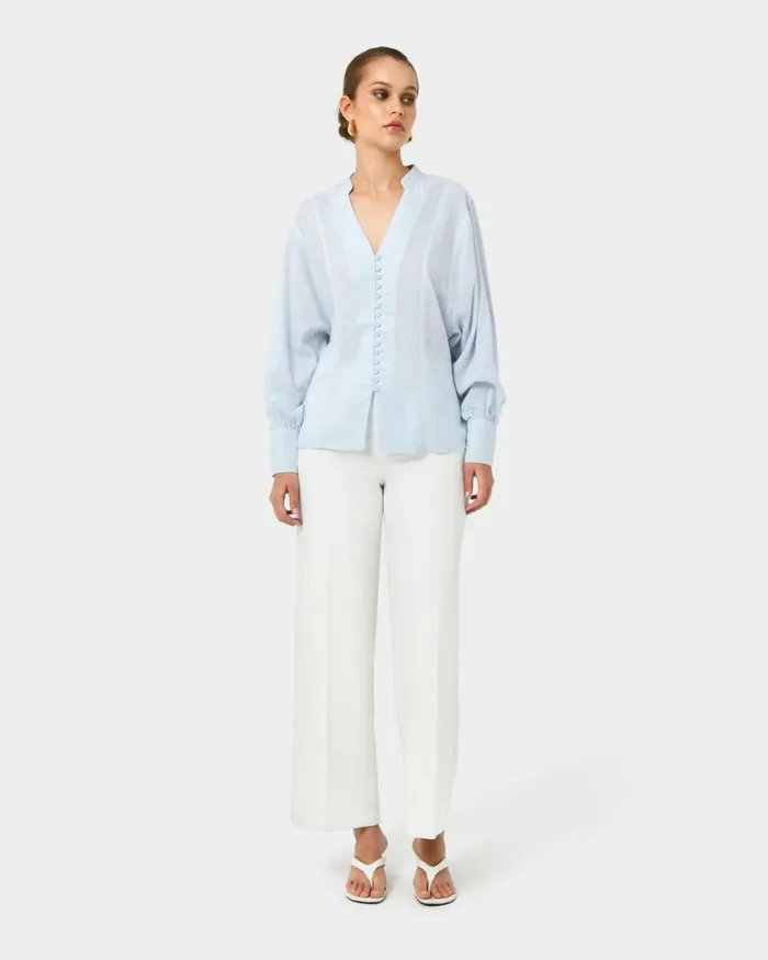 Forcast Helena Draped Sleeve Blouse Pastel Blue Women Long Sleeve Tops