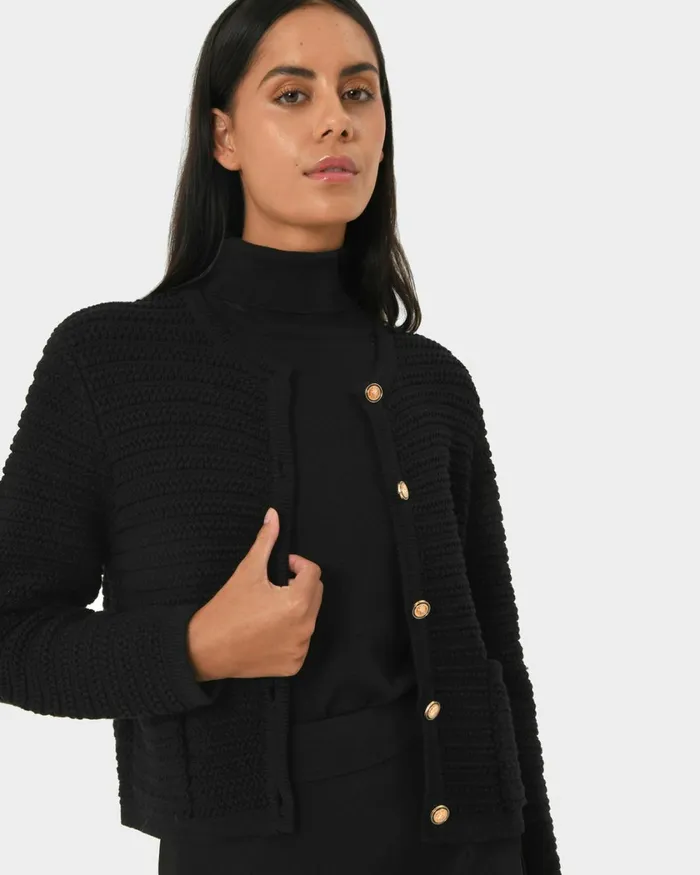 Forcast Hollis Textured Cardigan Ivoryblack Women Long Sleeve Tops