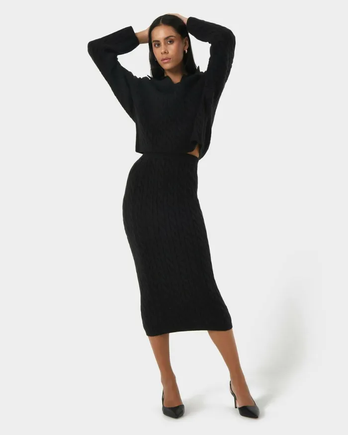 Forcast Honesty Cable Midi Knit Skirt Camelblack Women Midi and Maxi Skirts