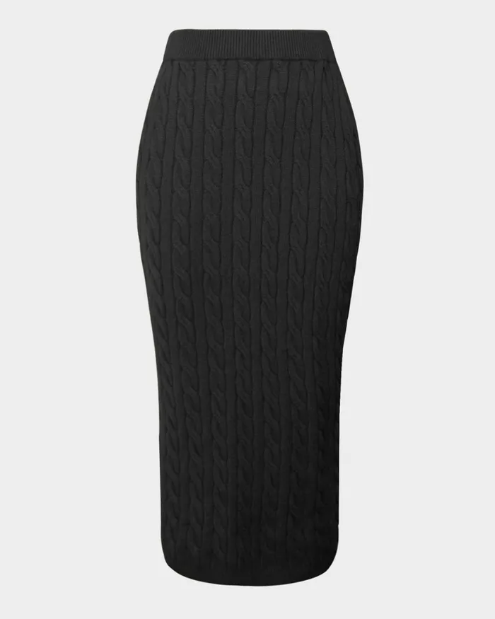 Forcast Honesty Cable Midi Knit Skirt Camelblack Women Midi and Maxi Skirts