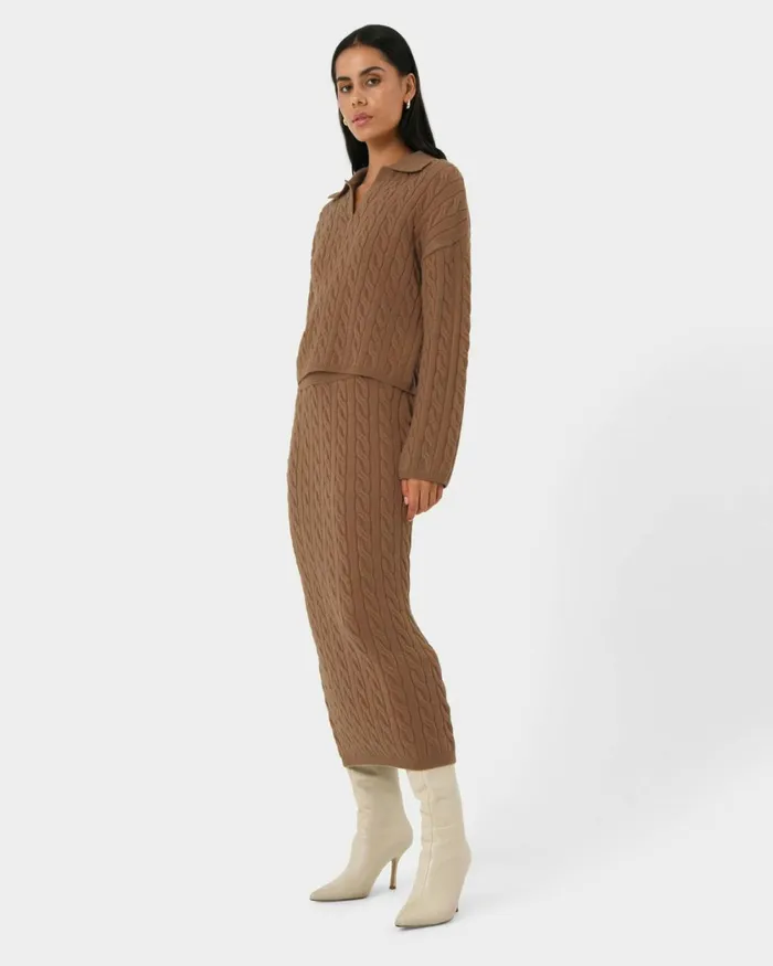 Forcast Honesty Cable Midi Knit Skirt Camelblack Women Midi and Maxi Skirts