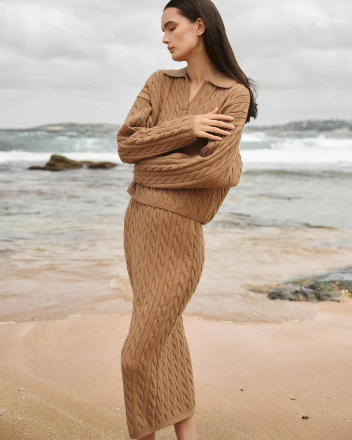 Forcast Honesty Cable Midi Knit Skirt Camelblack Women Midi and Maxi Skirts
