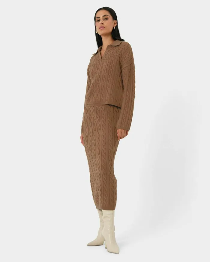 Forcast Honesty Cable Midi Knit Skirt Camelblack Women Midi and Maxi Skirts