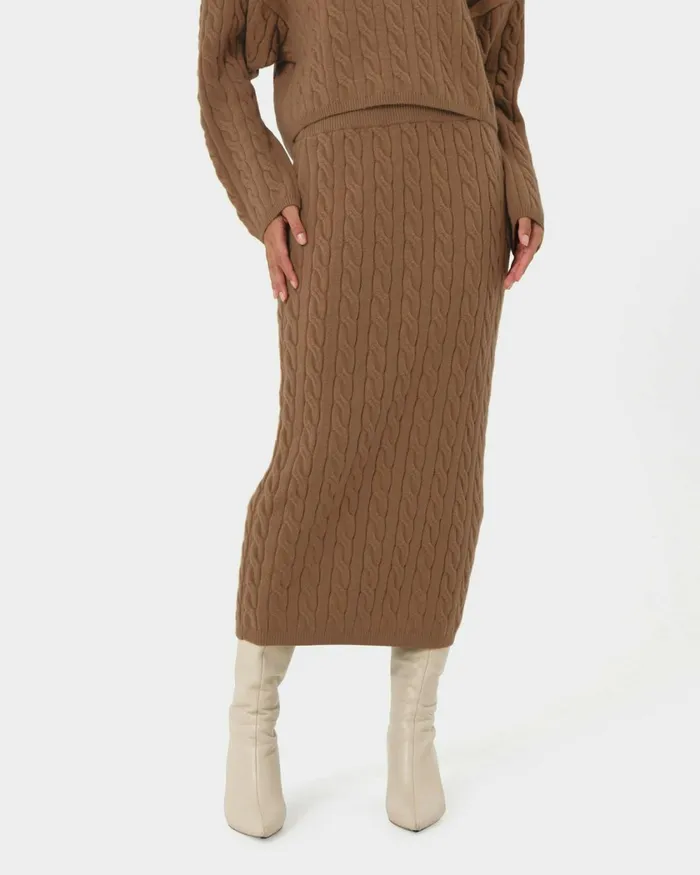 Forcast Honesty Cable Midi Knit Skirt Camelblack Women Midi and Maxi Skirts
