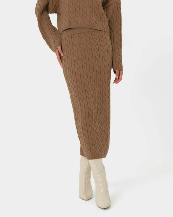 Forcast Honesty Cable Midi Knit Skirt Camelblack Women Midi and Maxi Skirts