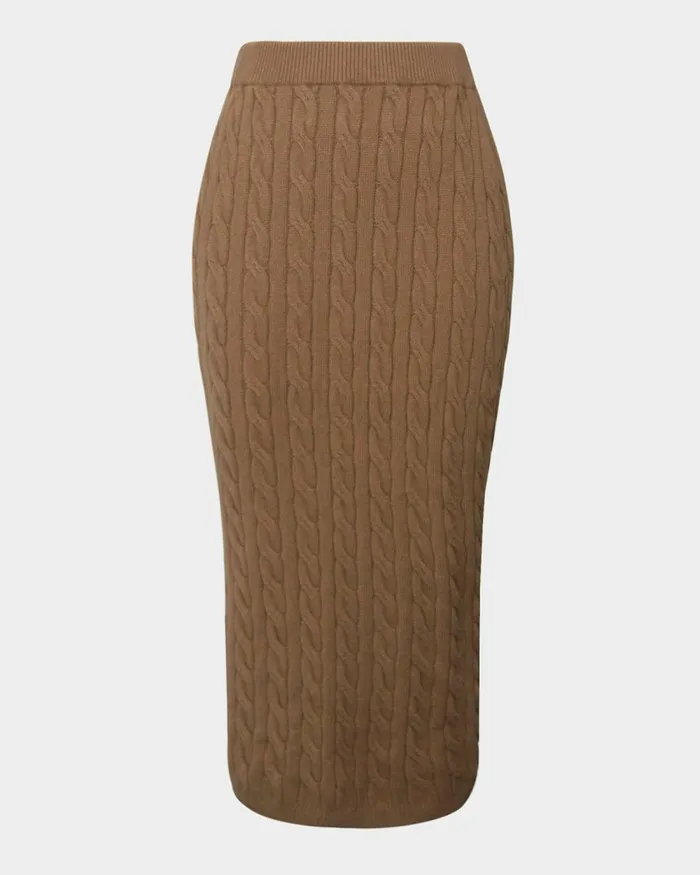 Forcast Honesty Cable Midi Knit Skirt Camelblack Women Midi and Maxi Skirts