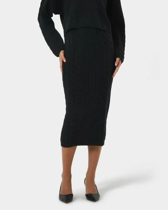 Forcast Honesty Cable Midi Knit Skirt Camelblack Women Midi and Maxi Skirts