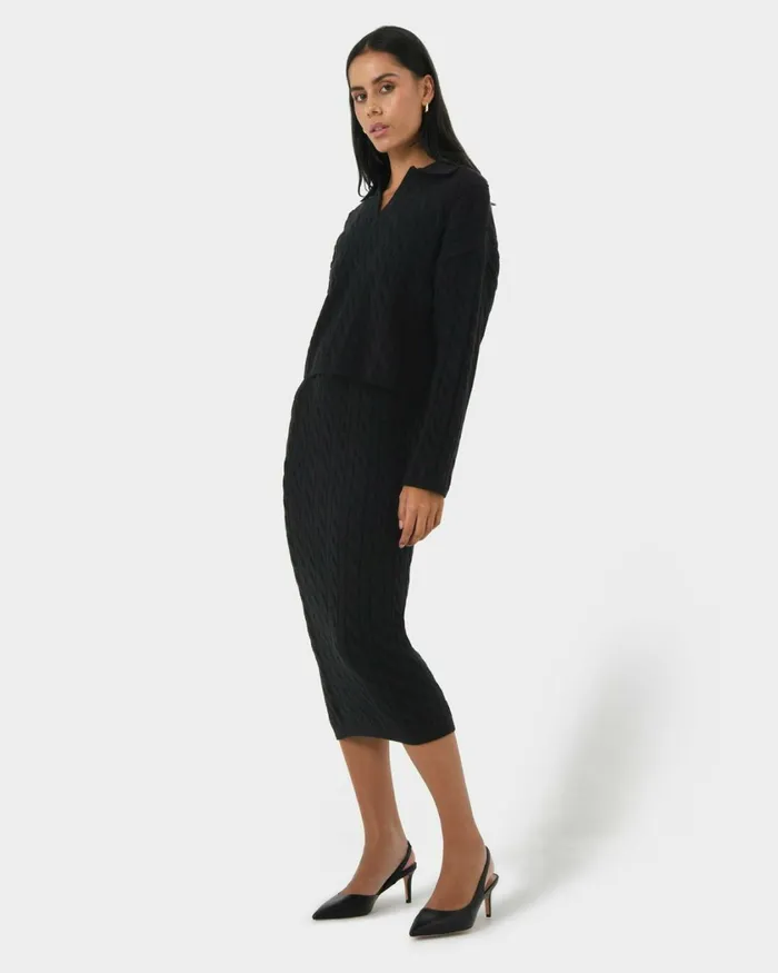 Forcast Honesty Cable Midi Knit Skirt Camelblack Women Midi and Maxi Skirts