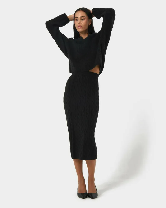 Forcast Honesty Cable Midi Knit Skirt Camelblack Women Midi and Maxi Skirts