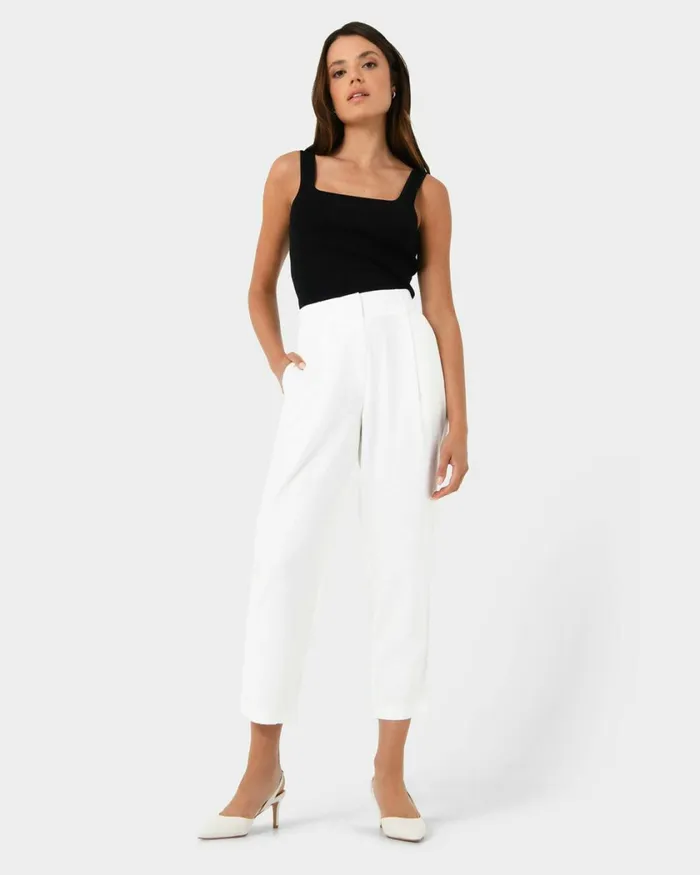 Forcast Indigo Elastic Waist Pant White Women HighWaisted Pants