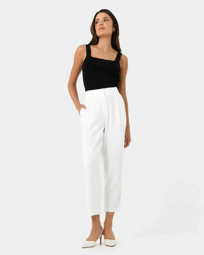 Forcast Indigo Elastic Waist Pant White Women HighWaisted Pants