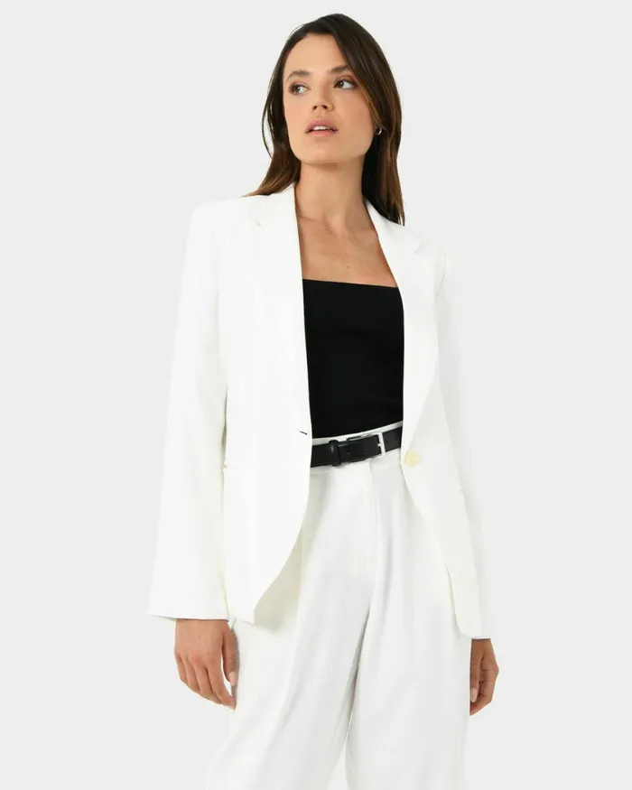 Forcast Indigo Single Breasted Blazer White Women Jackets and Blazers