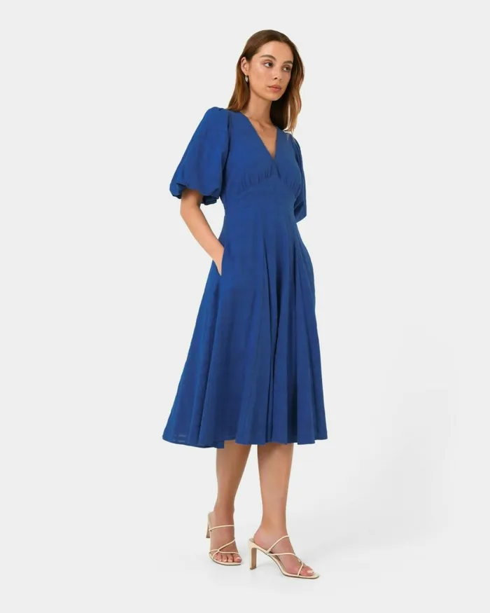 Forcast Iris Puff Sleeve Midi Dress Ivory Women Midi Dresses