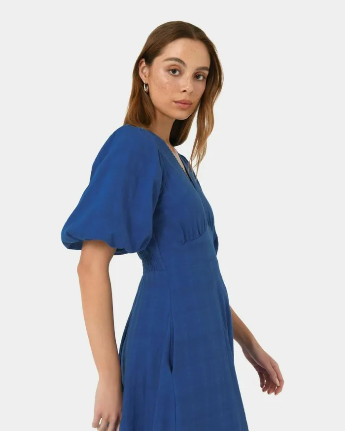 Forcast Iris Puff Sleeve Midi Dress Ivory Women Midi Dresses