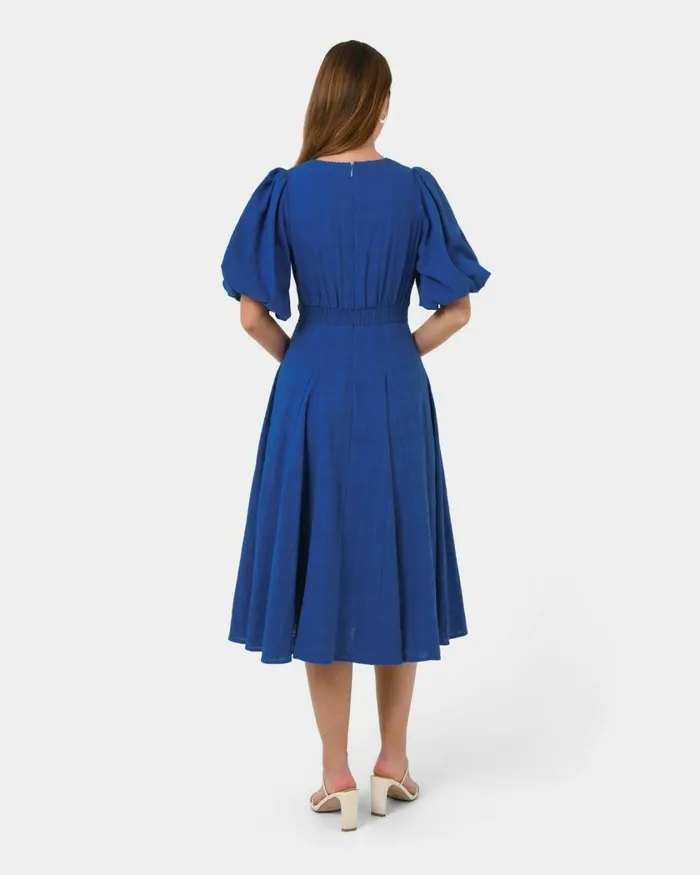Forcast Iris Puff Sleeve Midi Dress Ivory Women Midi Dresses