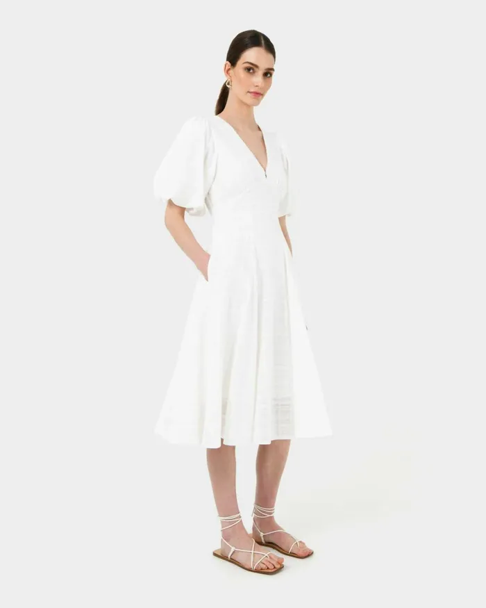 Forcast Iris Puff Sleeve Midi Dress Ivory Women Midi Dresses