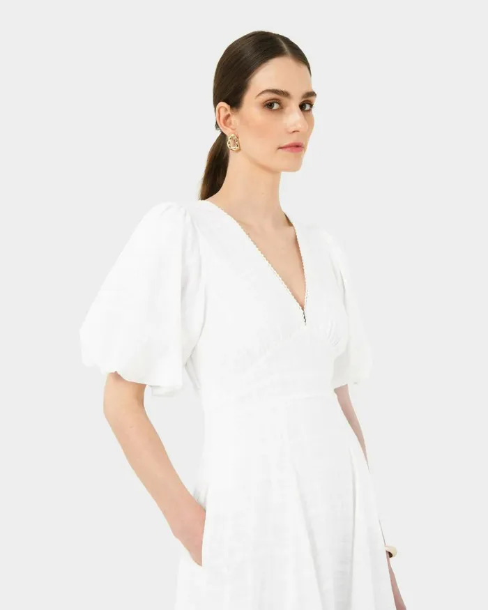 Forcast Iris Puff Sleeve Midi Dress Ivory Women Midi Dresses