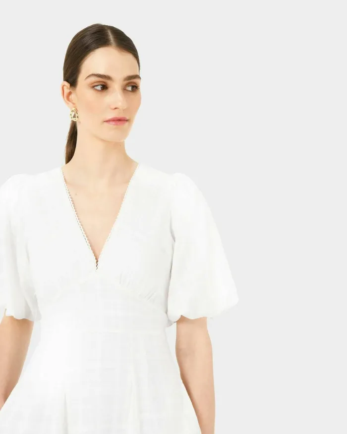 Forcast Iris Puff Sleeve Midi Dress Ivory Women Midi Dresses