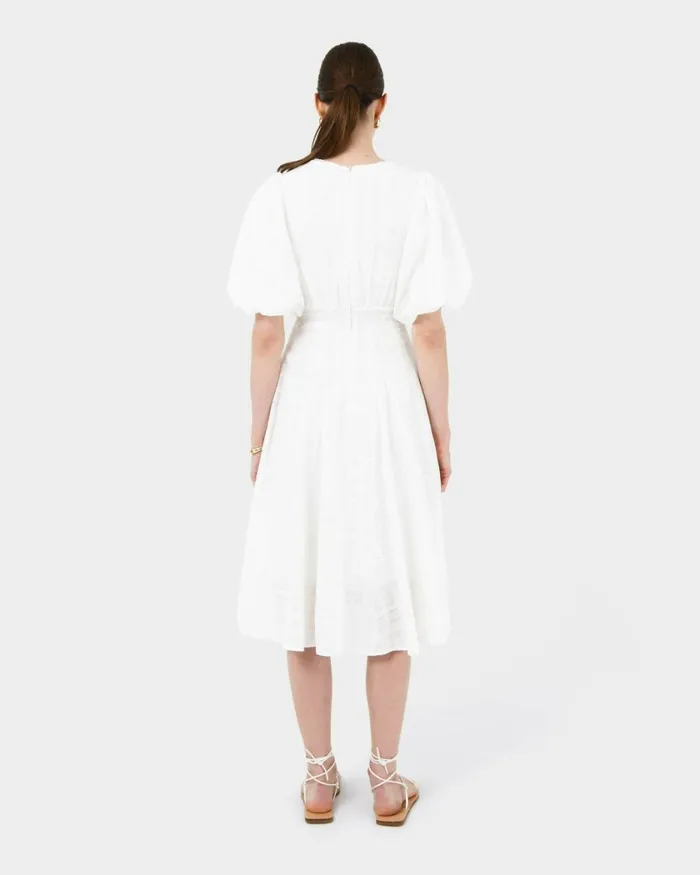 Forcast Iris Puff Sleeve Midi Dress Ivory Women Midi Dresses