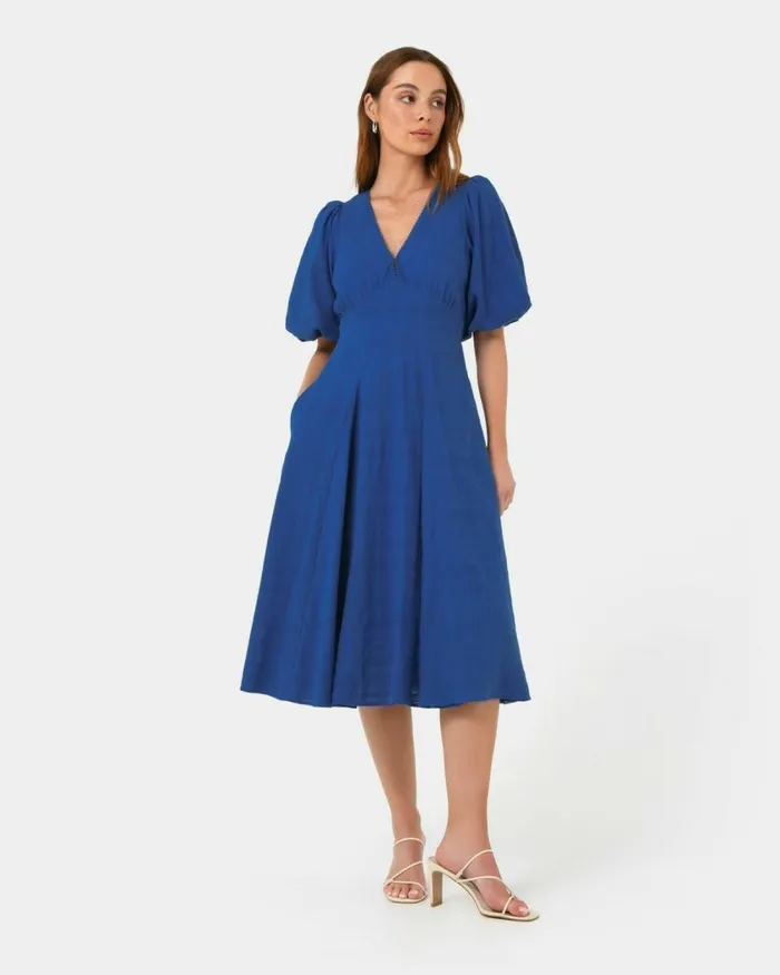 Forcast Iris Puff Sleeve Midi Dress Ivory Women Midi Dresses