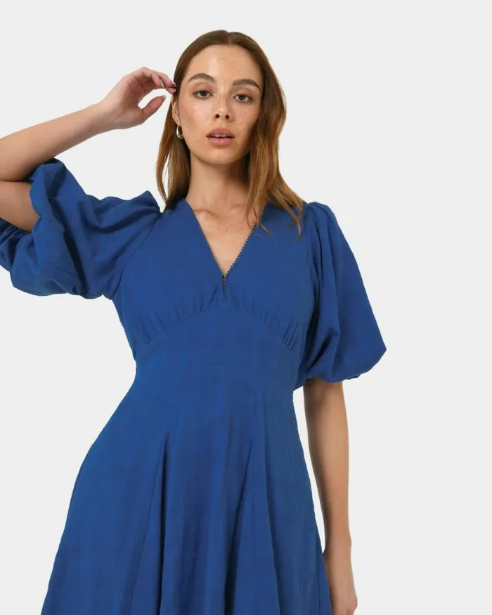 Forcast Iris Puff Sleeve Midi Dress Ivory Women Midi Dresses