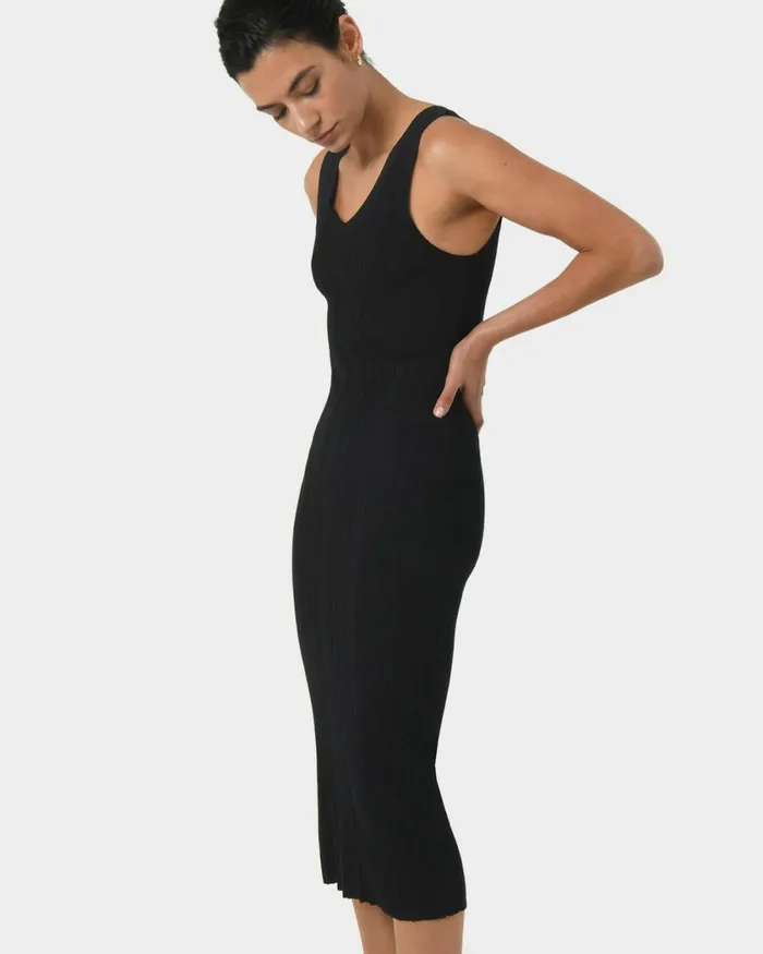 Forcast Isadora Vneck Knit Dress Black Women Midi Dresses