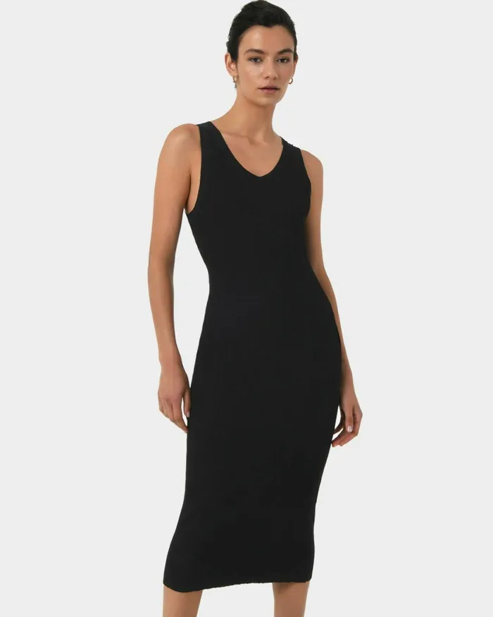 Forcast Isadora Vneck Knit Dress Black Women Midi Dresses