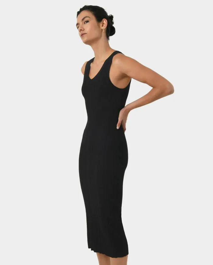 Forcast Isadora Vneck Knit Dress Black Women Midi Dresses