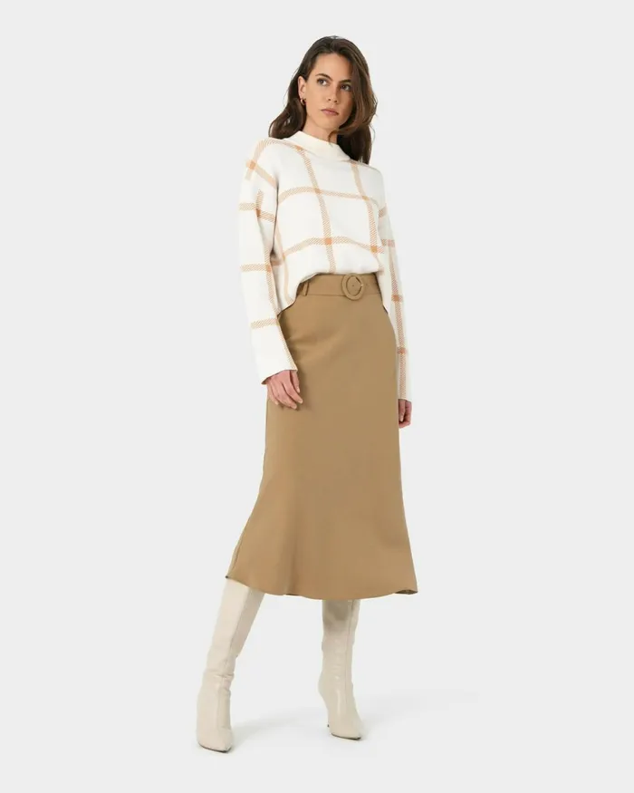 Forcast Isla Belted Midi Skirt Camel Women Midi and Maxi Skirts