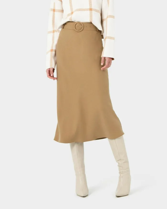 Forcast Isla Belted Midi Skirt Camel Women Midi and Maxi Skirts