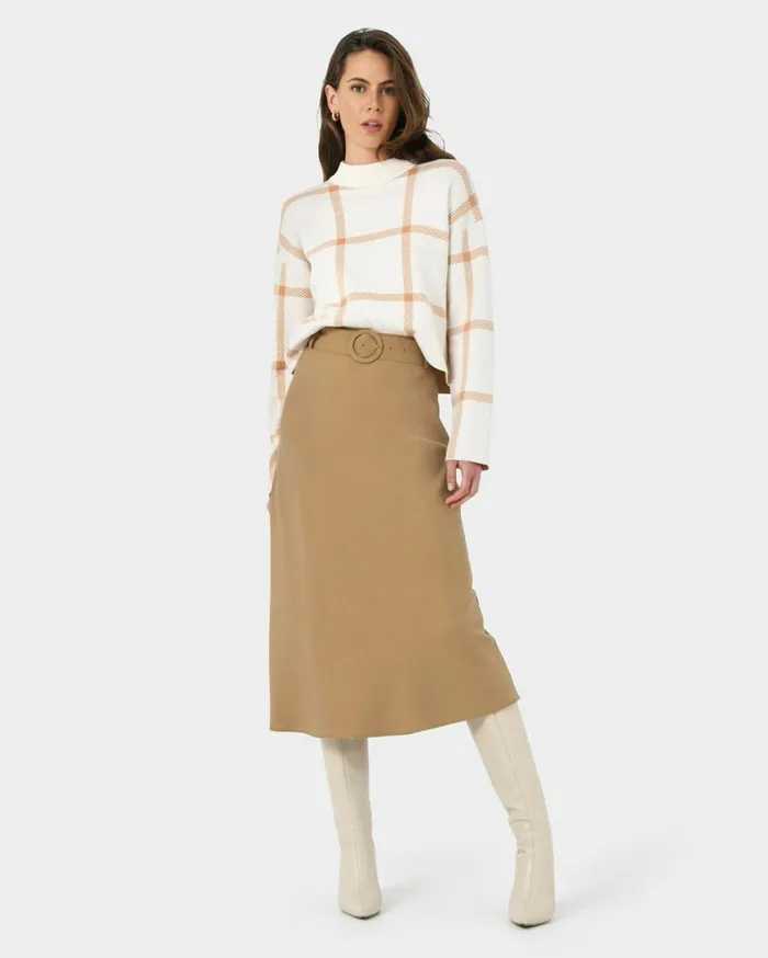 Forcast Isla Belted Midi Skirt Camel Women Midi and Maxi Skirts