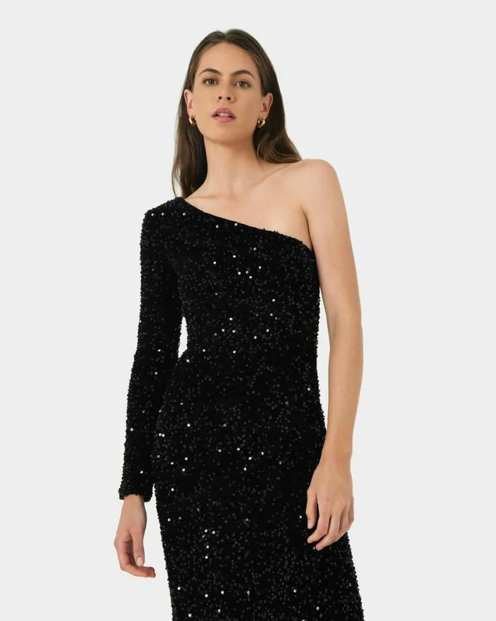 Forcast Ivy One Shoulder Sequin Dress Emeraldblack Women Maxi Dresses