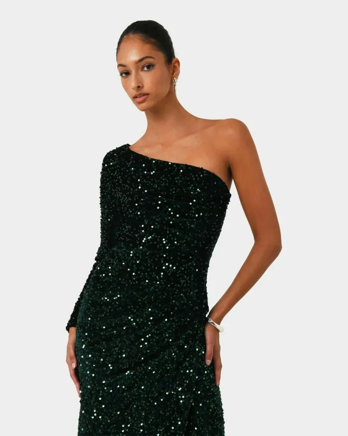 Forcast Ivy One Shoulder Sequin Dress Emeraldblack Women Midi Dresses