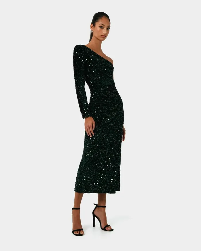 Forcast Ivy One Shoulder Sequin Dress Emeraldblack Women Midi Dresses