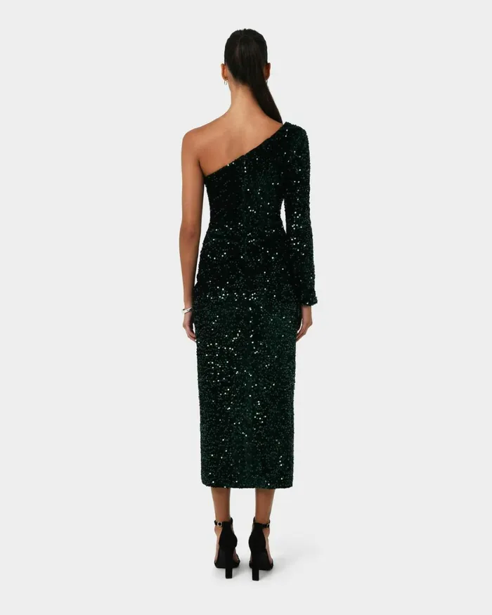 Forcast Ivy One Shoulder Sequin Dress Emeraldblack Women Midi Dresses