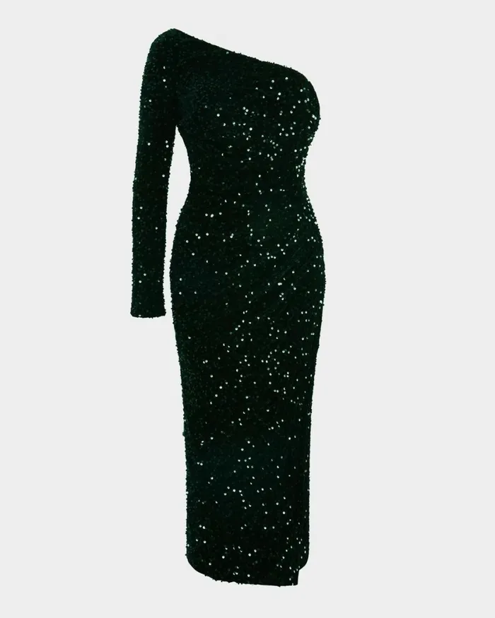 Forcast Ivy One Shoulder Sequin Dress Emeraldblack Women Midi Dresses