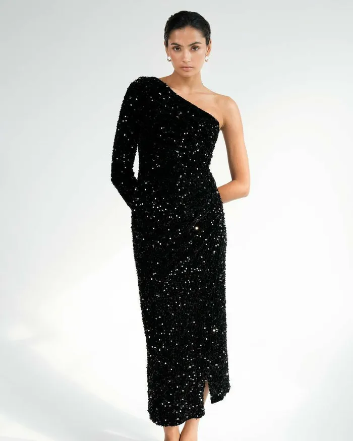 Forcast Ivy One Shoulder Sequin Dress Emeraldblack Women Midi Dresses