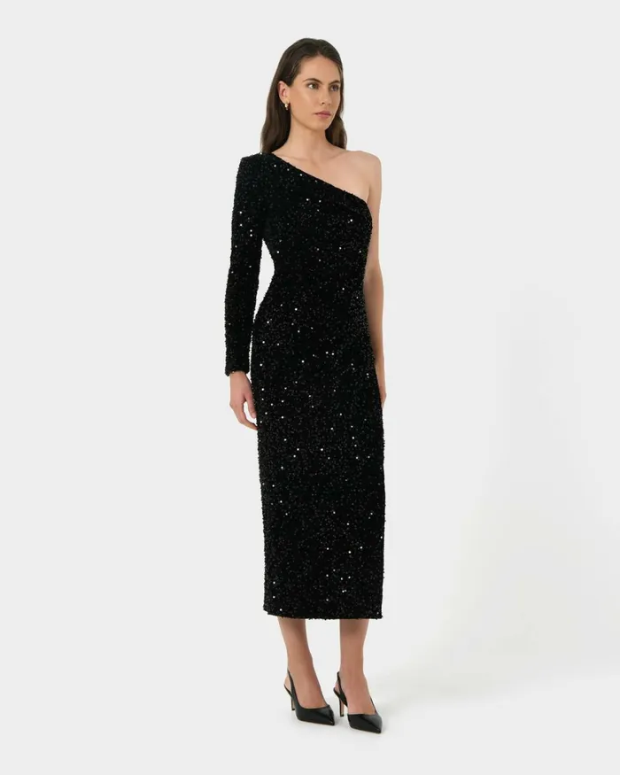 Forcast Ivy One Shoulder Sequin Dress Emeraldblack Women Midi Dresses