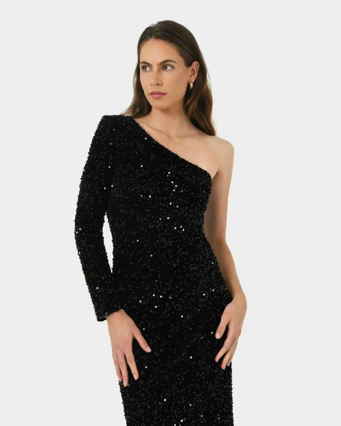 Forcast Ivy One Shoulder Sequin Dress Emeraldblack Women Midi Dresses