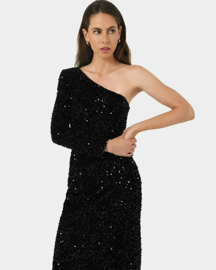 Forcast Ivy One Shoulder Sequin Dress Emeraldblack Women Midi Dresses