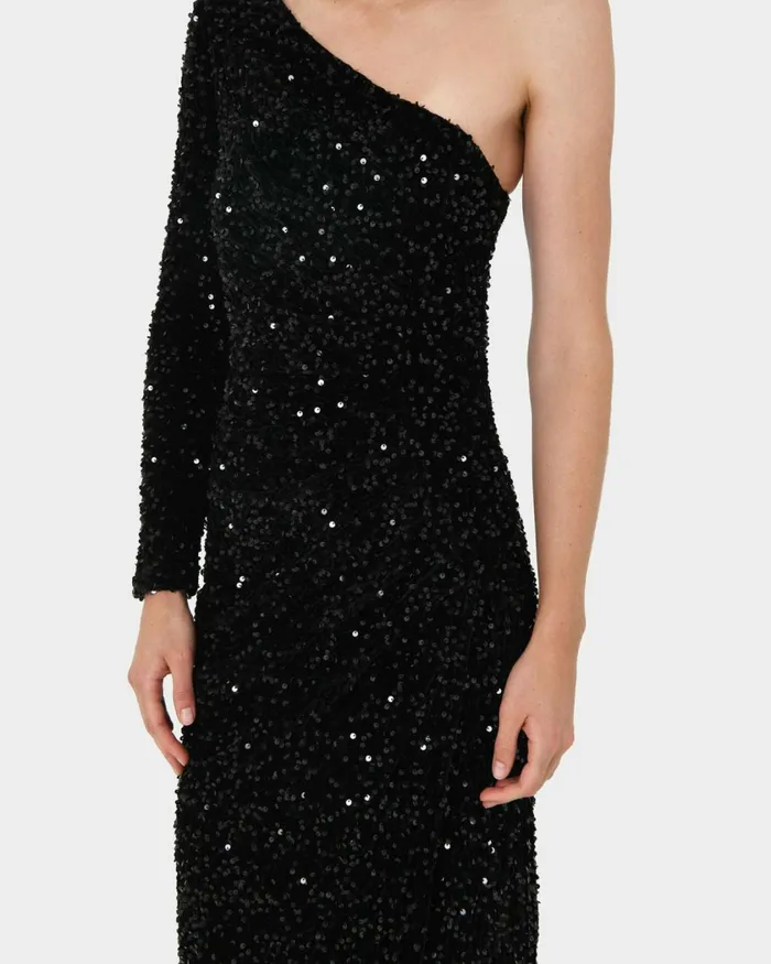 Forcast Ivy One Shoulder Sequin Dress Emeraldblack Women Midi Dresses