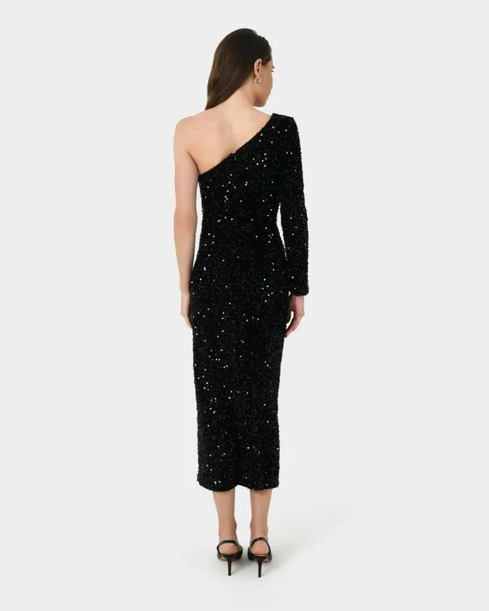 Forcast Ivy One Shoulder Sequin Dress Emeraldblack Women Midi Dresses