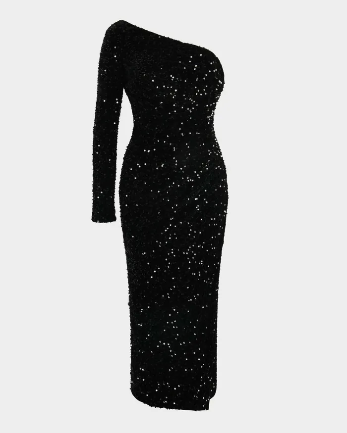 Forcast Ivy One Shoulder Sequin Dress Emeraldblack Women Midi Dresses