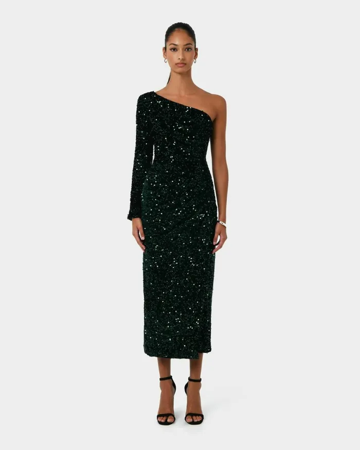 Forcast Ivy One Shoulder Sequin Dress Emeraldblack Women Midi Dresses