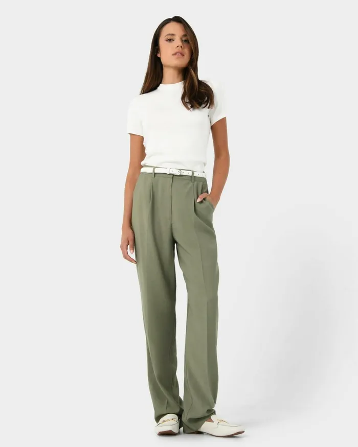 Forcast Janis Straight Pants Light Khaki Women HighWaisted Pants
