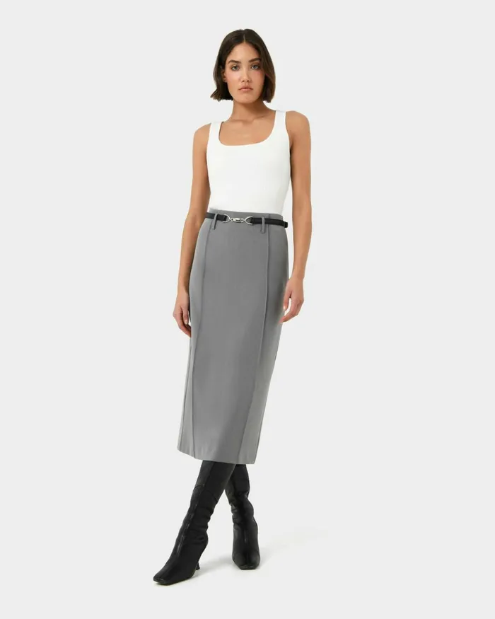 Forcast Joelle Column Skirt Grey Women Midi and Maxi Skirts
