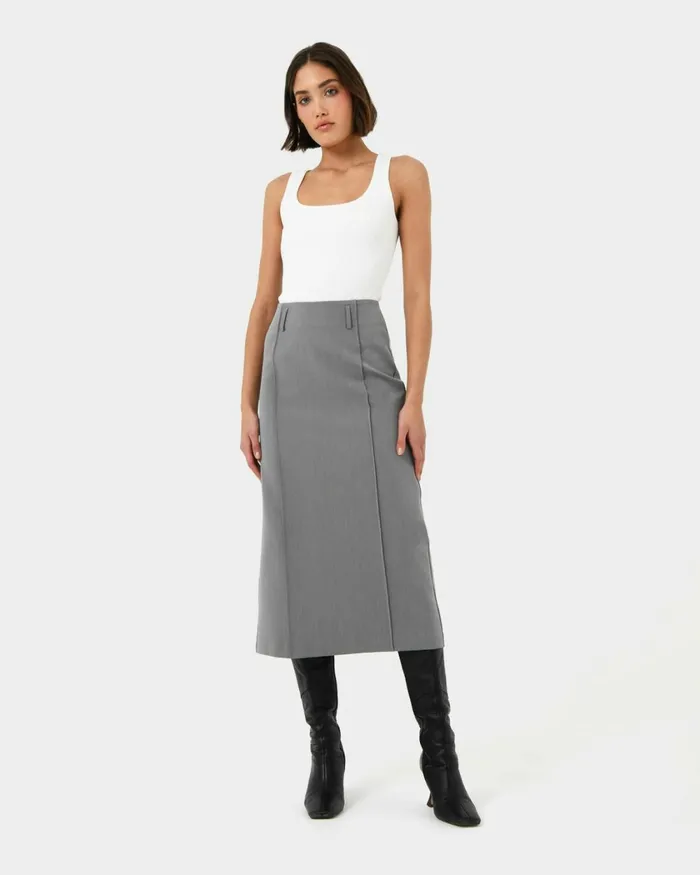 Forcast Joelle Column Skirt Grey Women Midi and Maxi Skirts